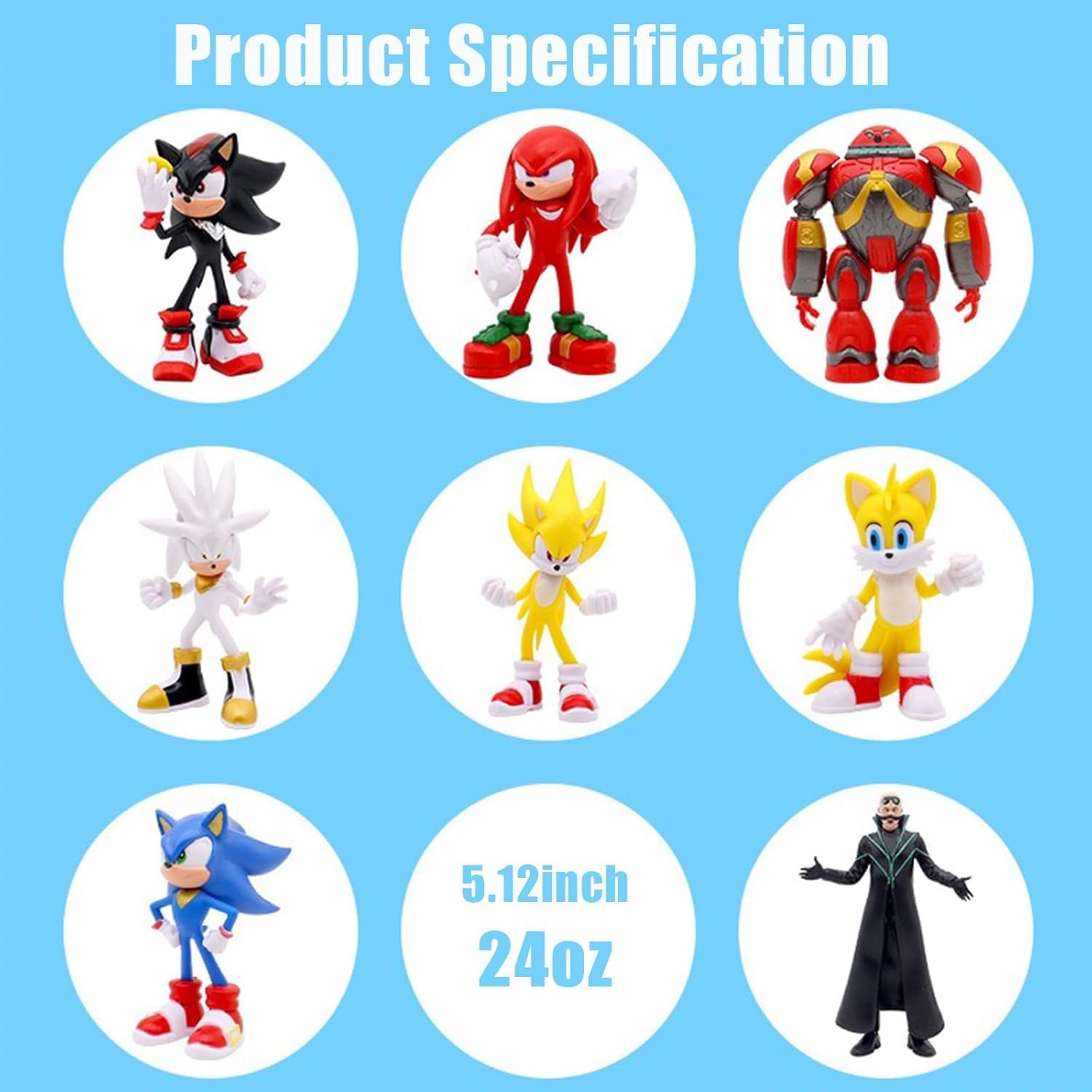 8 Pcs Super Speed Hedgehog Action Figures Set 5.7 Inch Video Game Character Toys for Boys Girls Birthday Cake Toppers Party Supplies Red Warrior Yellow Fox Cartoon Hero Collectible Model Playset Pack