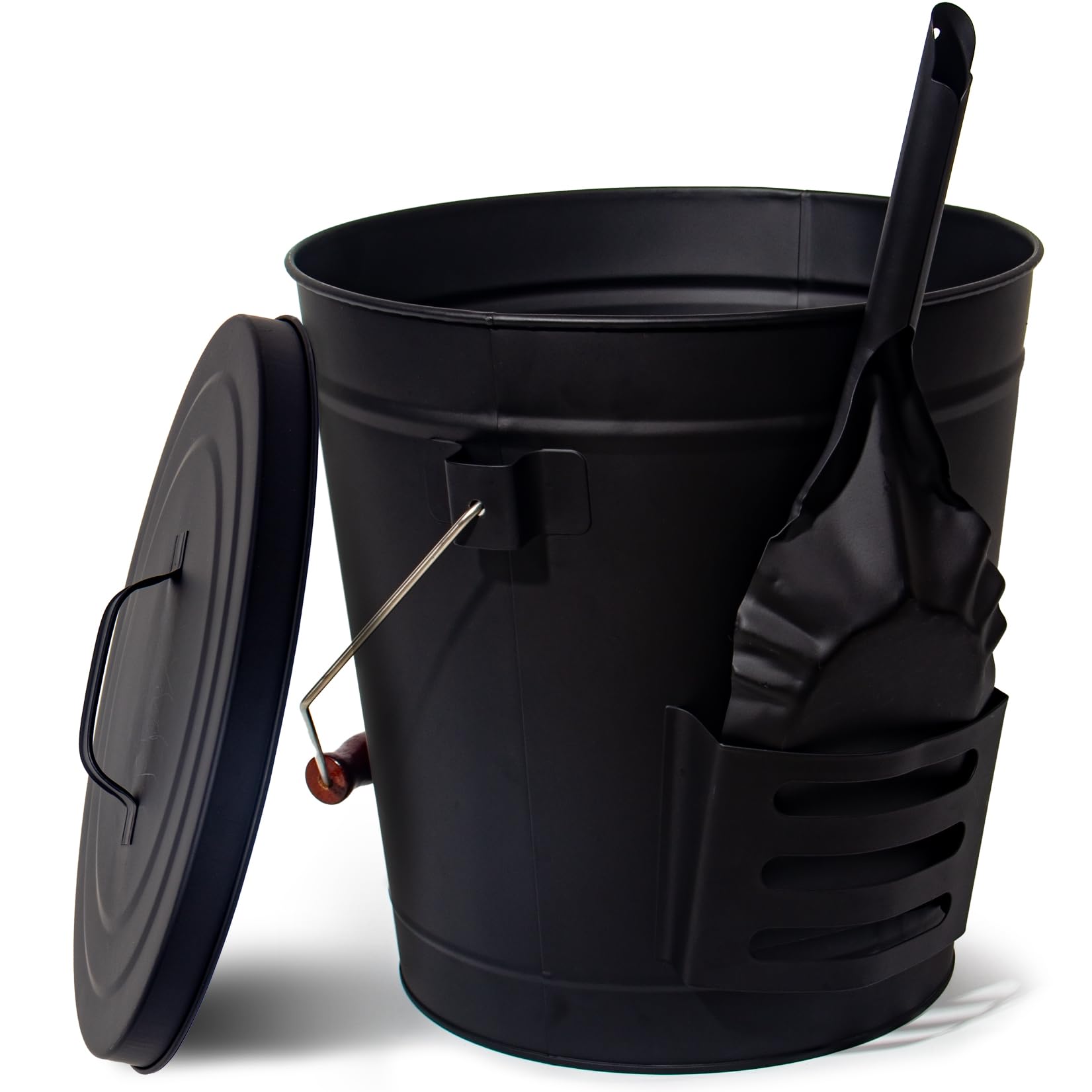 Theo&Cleo Ascheeimer mit Deckel und Schaufel, 20L Feuerfest Metalleimer, Kohleeimer für Kohle und Asche, Kamin, Ofen, Grill (Schwarz-20L)
