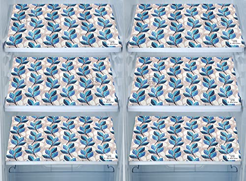 Image of Polyester 3-Layered Fridge Top Cover /Refrigerator Cover With Utility Pockets and Set of 6 Pc Fridge Mats (Color- Leaf Blue, Size-39x21 Inch)