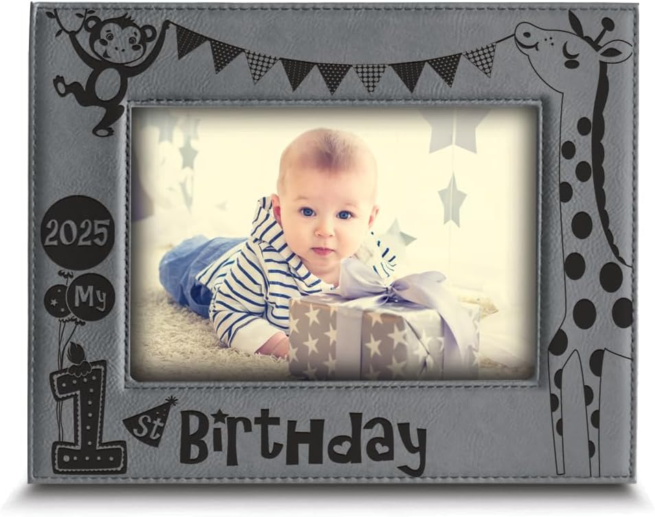 BELLA BUSTA- My first Birthday Picture Frame- 1st Birthday gift- Baby's First Birthday Frame- Engraved Leather Picture Frame(5 x 7 Horizontal)