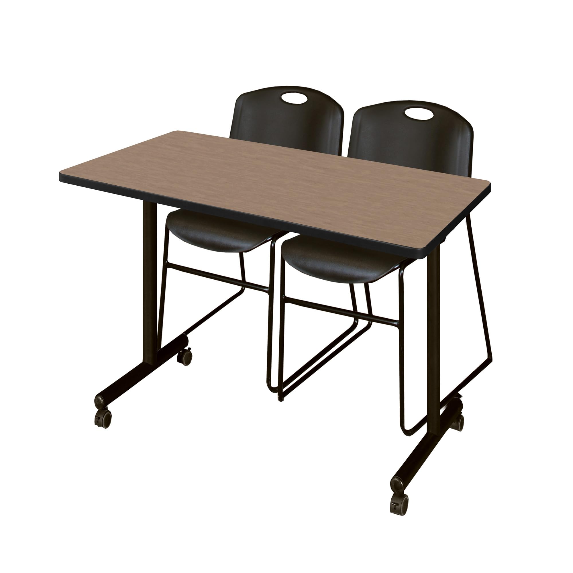 Regency Kobe 48 x 24 in. Mobile T-Base Training Table- Noble Oak, 2 Zeng Stack Chairs- Black
