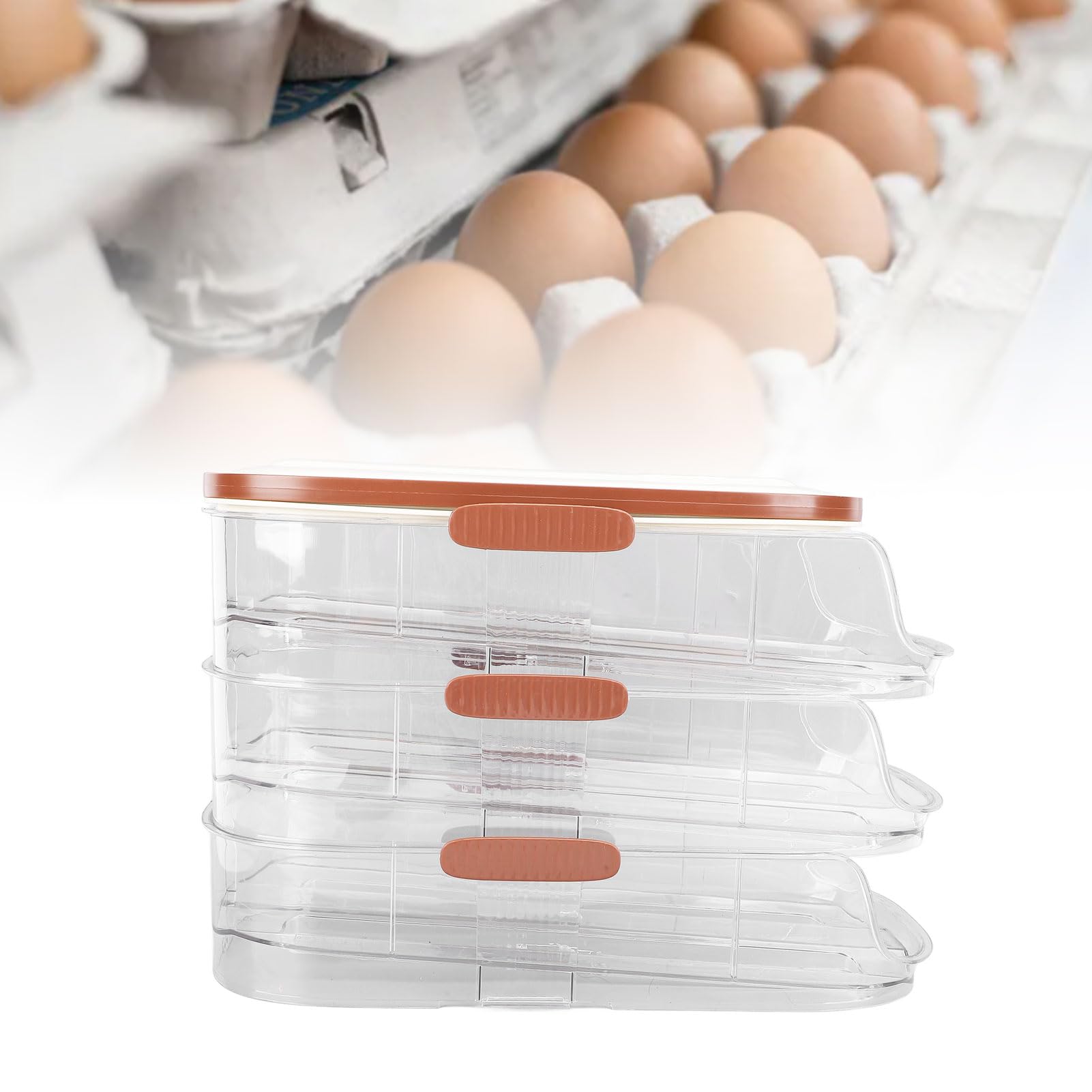 Cocoarm 3-lagige Eier-Aufbewahrungsbox, Rollender Eierhalter aus PET PP mit Deckel, Automatisches Vorwärtsrollen, Transparentes Tablett, Verdeckter Griff, Kühlschrank-Eier-Organizer für K (Zweireihig)