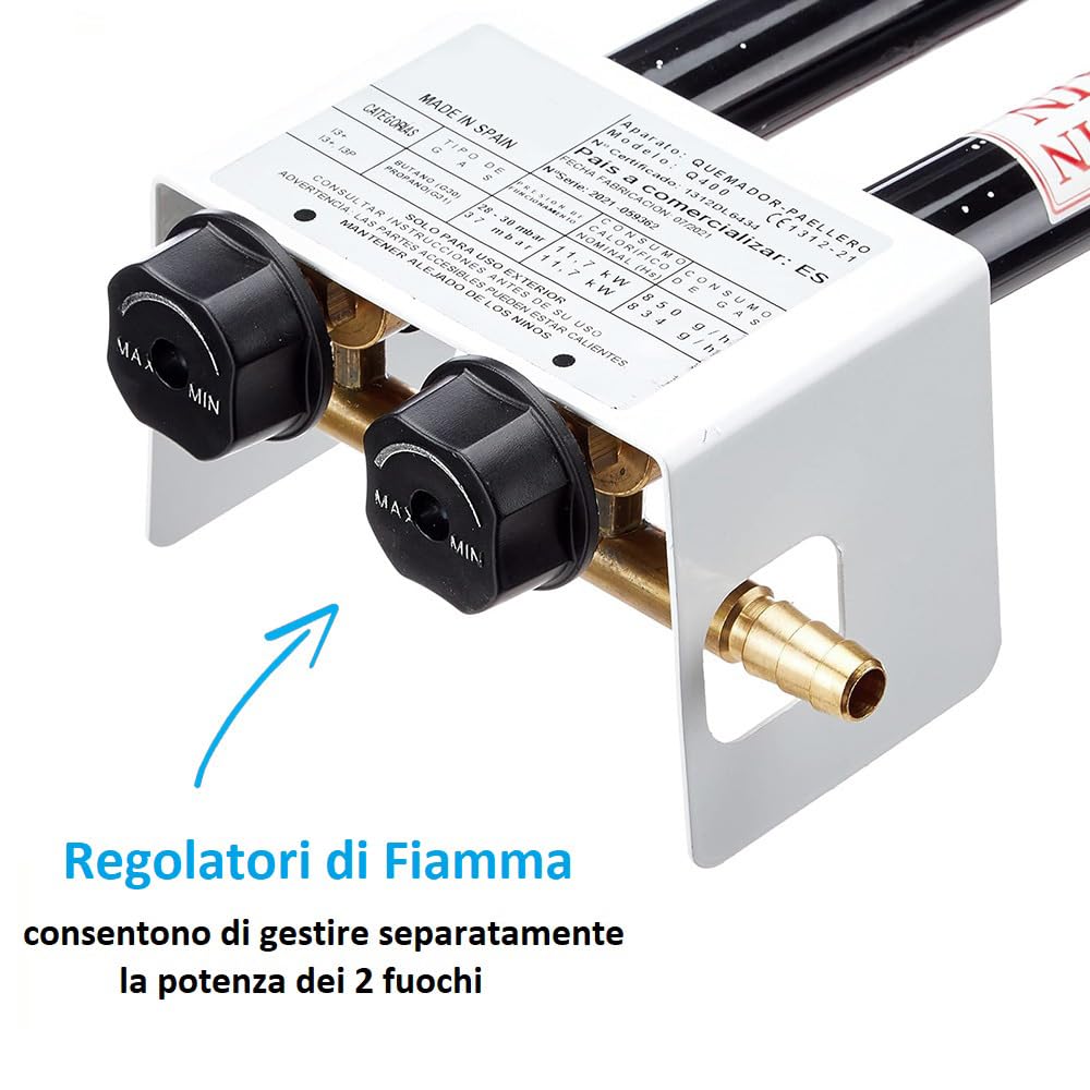 PALUPLUS Bruciatore a Gas per Padelle o Paellera a 2 Fuochi, Diametro 40 cm, Bruciatore in Acciaio Smaltato con Doppio Regolatore di Fiamma, Adatto per padelle da 30 a 60 cm, Potenza 11,4 Kw -4000F