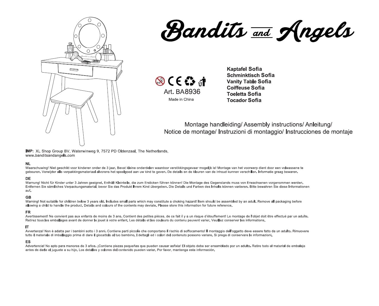 Bandits & Angels Kinderschminktisch Sofia Rosa mit Spiegel und Beleuchtung für Mädchen ab 3 Jahren - Schminktisch aus Holz - Schminktisch inklusive Hocker - Für Kinder