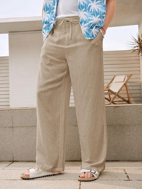 Image of GRECIILOOKS Men's Linen Trousers | Loose Fit Linen-Cotton Casual Pants for Men | Relaxed Office Wear Formal Trousers for Men | Stylish Beige & Pants