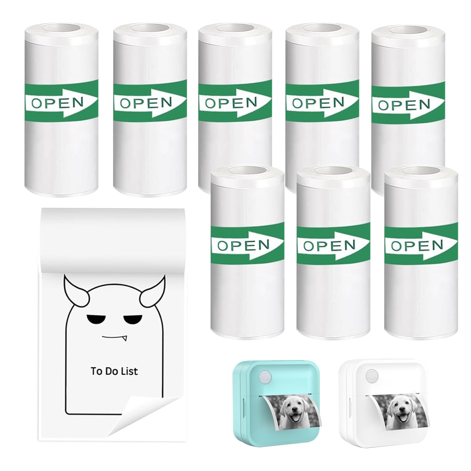 Mini papel adhesivo para impresora, 8 rollos de 53 x 28 mm, etiqueta térmica continua para etiquetadora portátil INVISEN (etiqueta autoadhesiva blanca para notas de estudio, imágenes