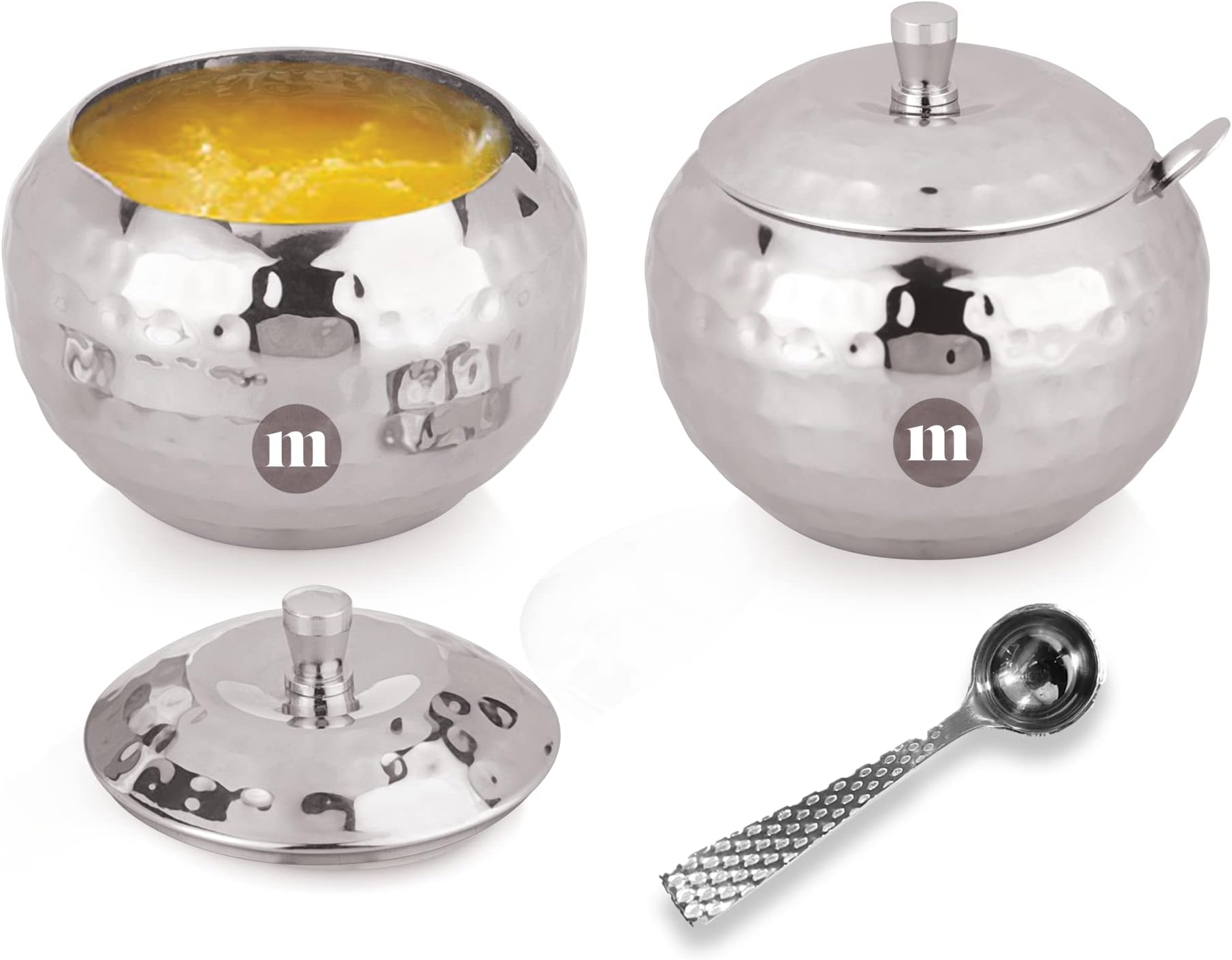 MARU Stainless Steel Hammered Design Pattern Ghee Pot with Spoon & Lid Set of 2 Pcs, Ghee dispenser for Kitchen Storage set, Multipurpose Oil, sauce, ghee storage container for Kitchen, 300ml each
