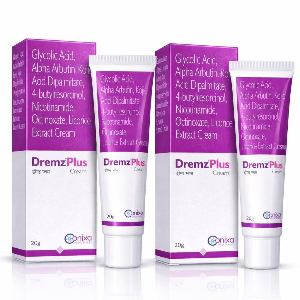 DremzPlus Skin Brightening Cream | With Glycolic Acid, Alpha Arbutin, Kojic Acid Dipalmitate & 4-Butylresorcinol | For Hyperpigmentation & Dark Spots, 20 g (Pack of 2)
