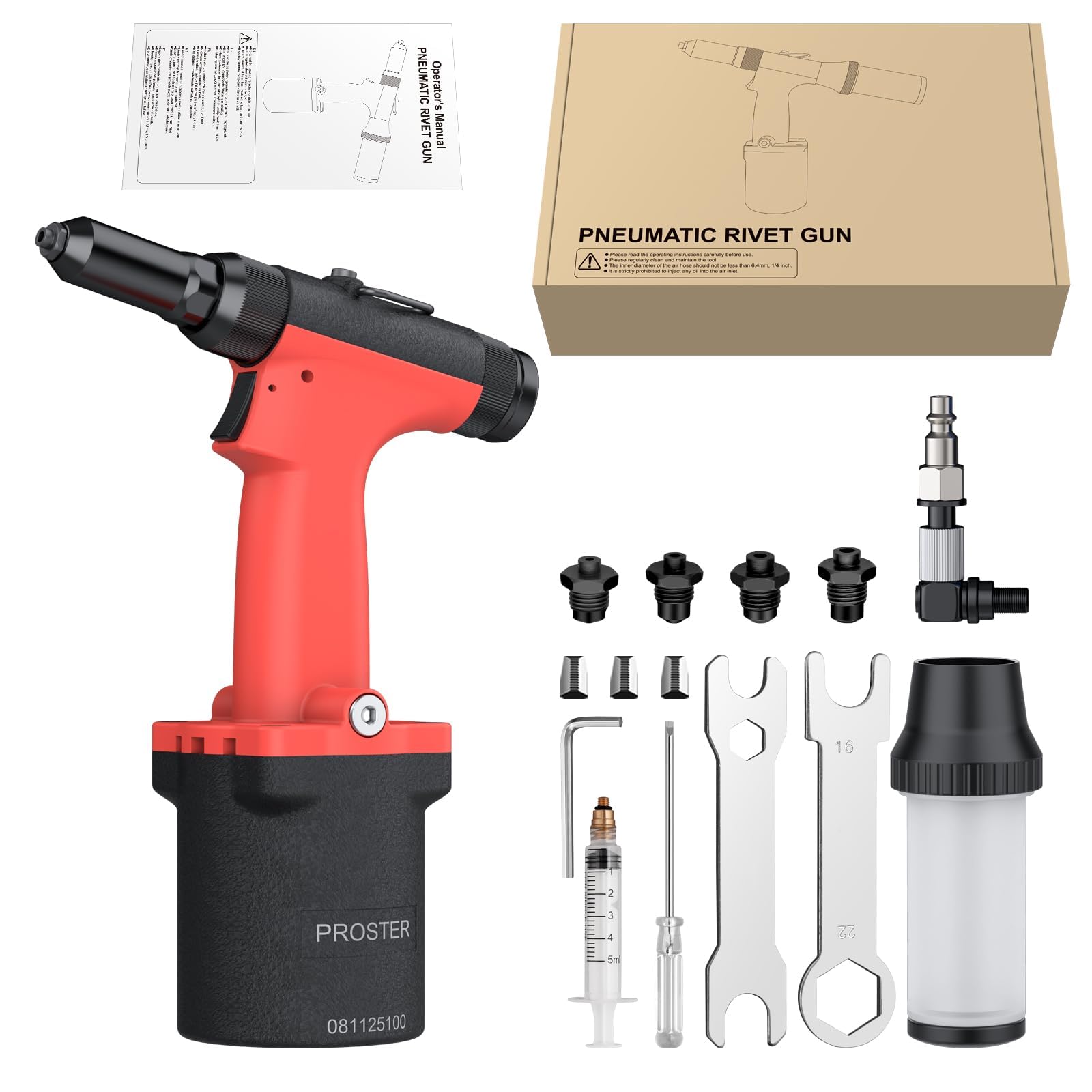 Proster Pneumatische Nietpistole Druckluft Blindnietgerät - Selbstansaugende Profi Nietpistole mit 1000KGF Zugkraft, 2.4–4.8mm Nietzange mit Auffangbehälter, 360° EU Anschluss für Werkstatt KFZ Boot
