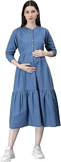 Nightspree Women's Cotton Denim Mandarin Collared Maternity Dress Feeding Kurti with Zipper (1461-Baby Blue_XL) Price In India