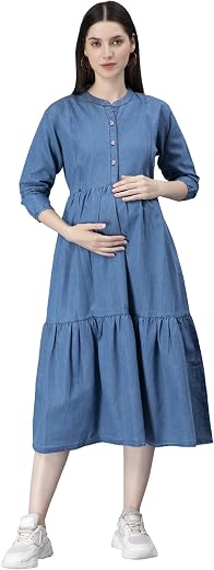 Nightspree Women's Cotton Denim Calf Length Casual Dress Mandarin Collared Maternity Dress Feeding Kurti With Zipper (146...
