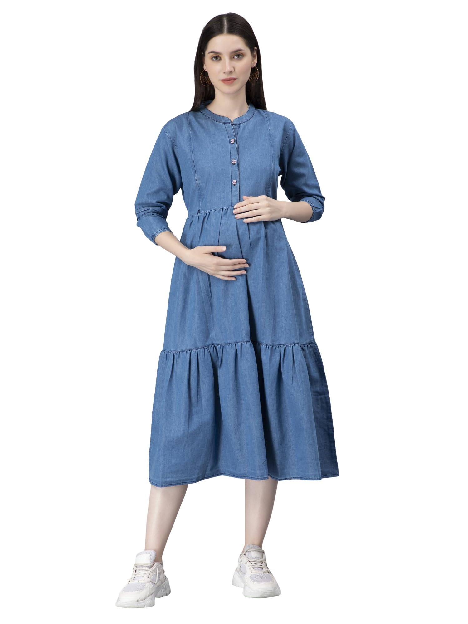 Women's Cotton Denim Mandarin Collared Maternity Dress Feeding Kurti with Zipper (1461-Baby Blue_M)-image-16