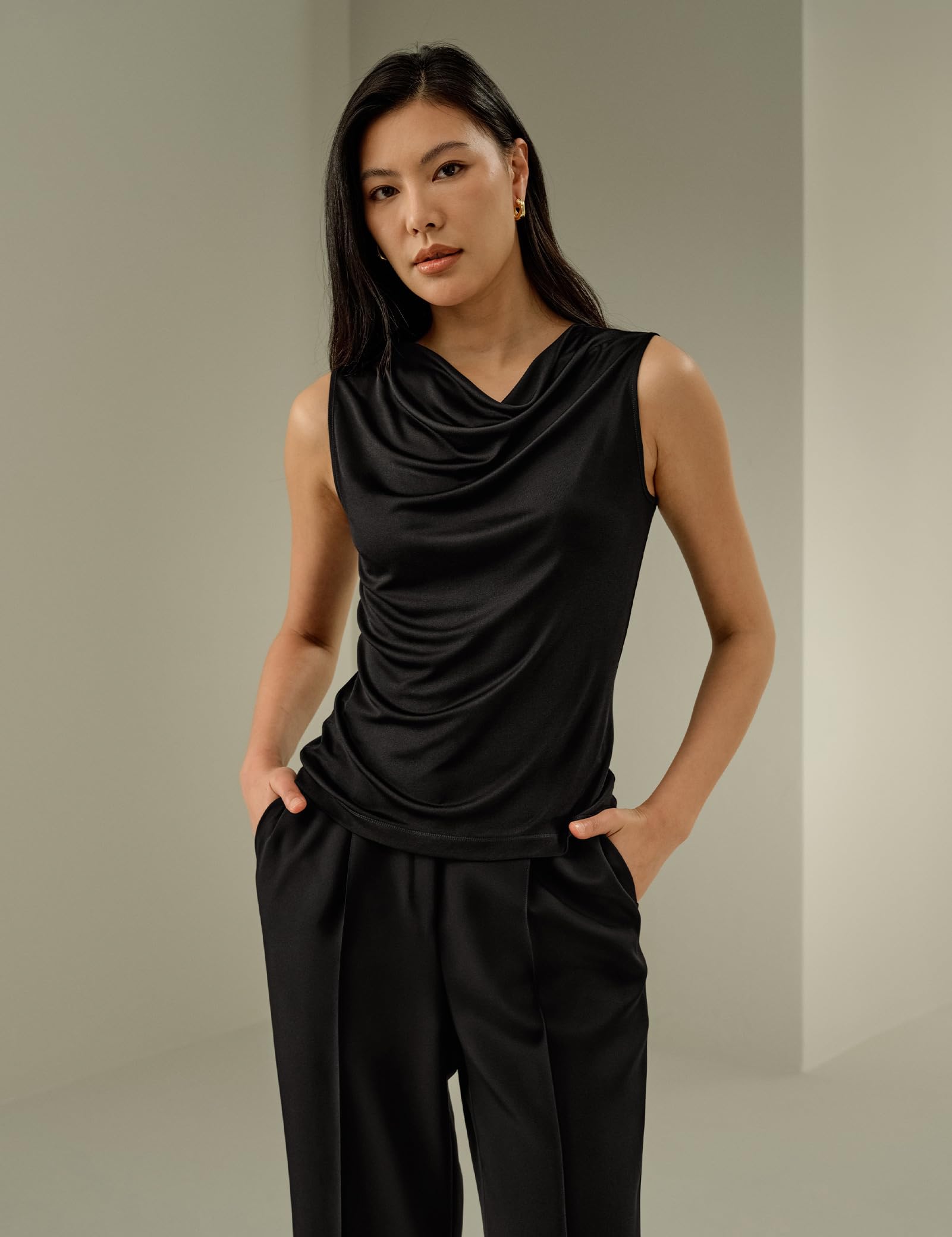 LilySilk Damen Pure Seide Jersey T-Shirt Ärmellos Slim Fit Cowl Neck Tanktop Seiden Shirt Oberteil Atmungsaktiv Elegant Bequem Basic