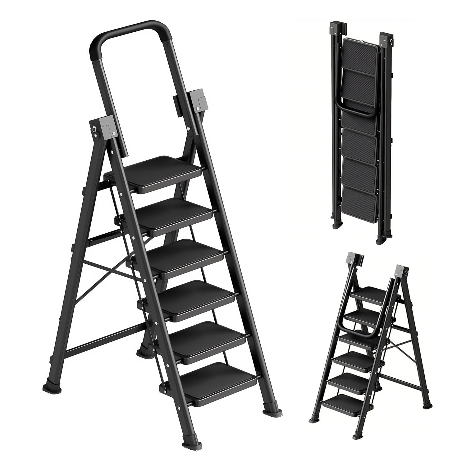 6 Step Ladder, Retractable Handgrip Folding Step Stool with Anti-Slip Wide Pedal, Carbon Steel Step Stool Ladders for Adult,Safety Household Ladder for Kitchen,Home,Office&amp;Garage