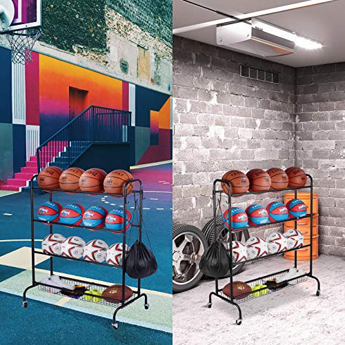 image for EXTCCT Basketball Rack, Rolling Sports Equipment Storage Cart, Four-La