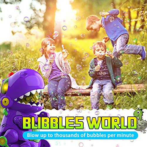 WisToyz Bubble Machine Dinosaur Bubble Blower, Walk & Stay Still Two Settings, Music & Light, Bump N Go Feature, Toddler Toys Bubble Machine for Kids, Two Bottles of Bubble Solution & Screwdriver