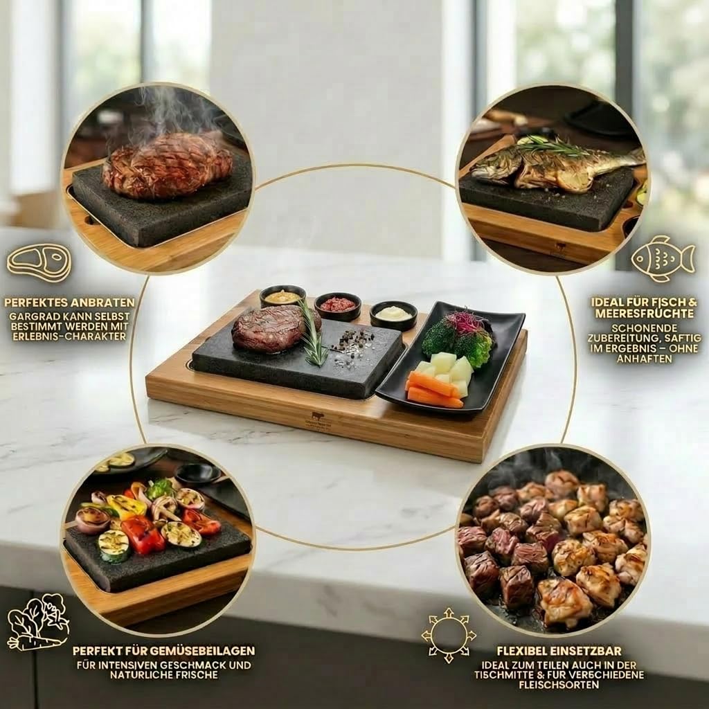 Heißer Stein Lavastein Steak-Brett Hot Stone Steingrill Set aus Bambusbrett Lavastone und Porzellan-Platte, Fleisch, Fisch grillen auf heißem Stein (Uno Black)
