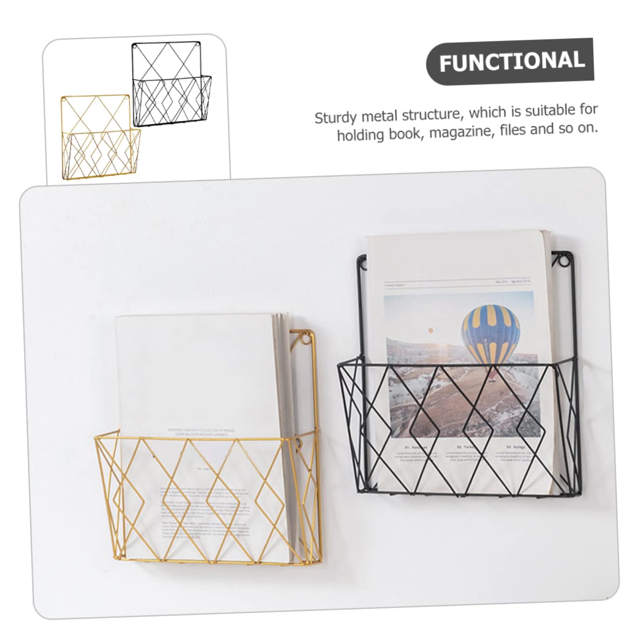 SEWACC 2pcs Wall Mounted File Organizer Multi Function Hanging Document Storage Rack for Home Office Black Gold Design for Sorting Papers Magazines and Notebooks