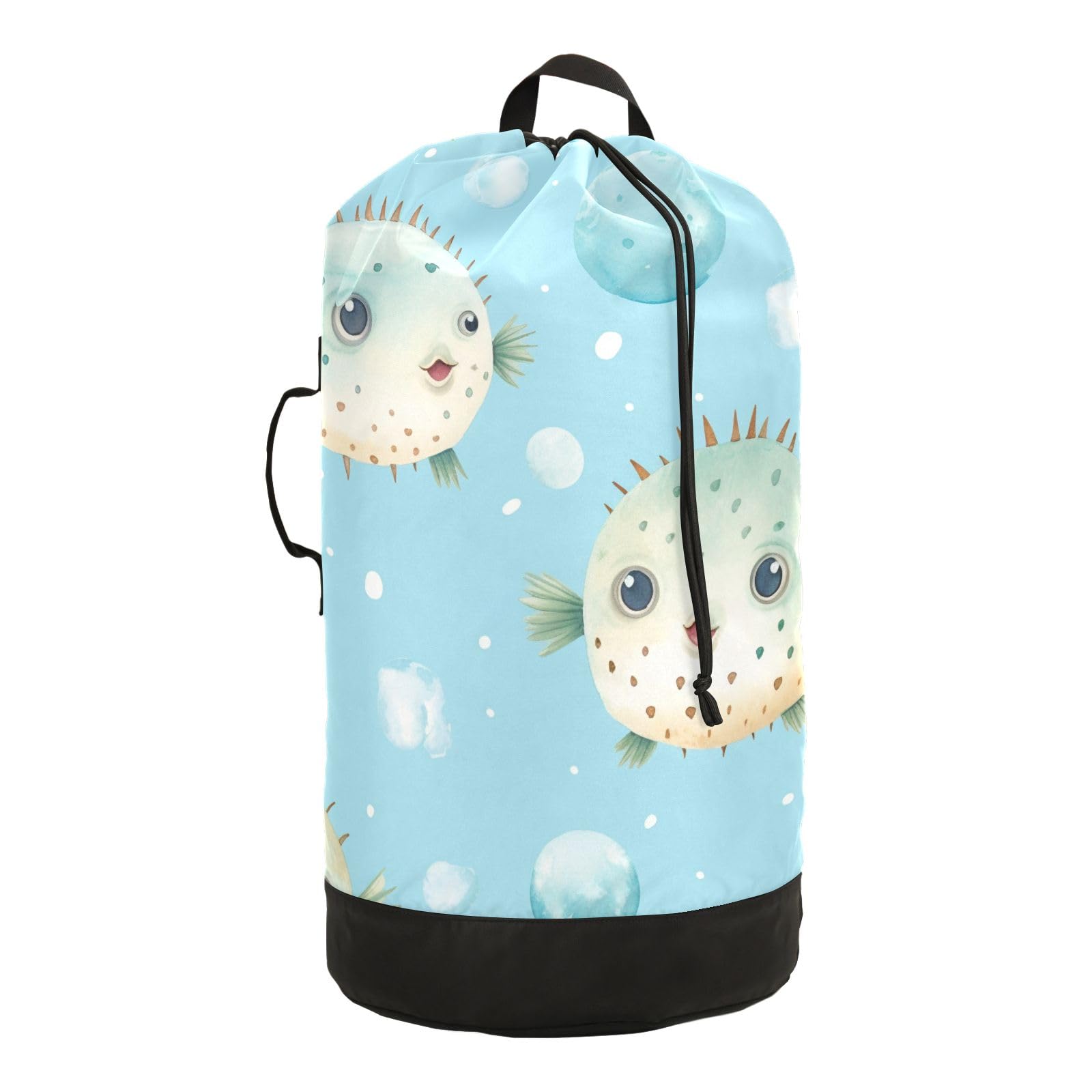 Cute Pufferfish Laundry Backpack Bag with Drawstring Closure Waterproof Laundry Bag Laundry Hamper Clothes Storage for College Travel Laundromat