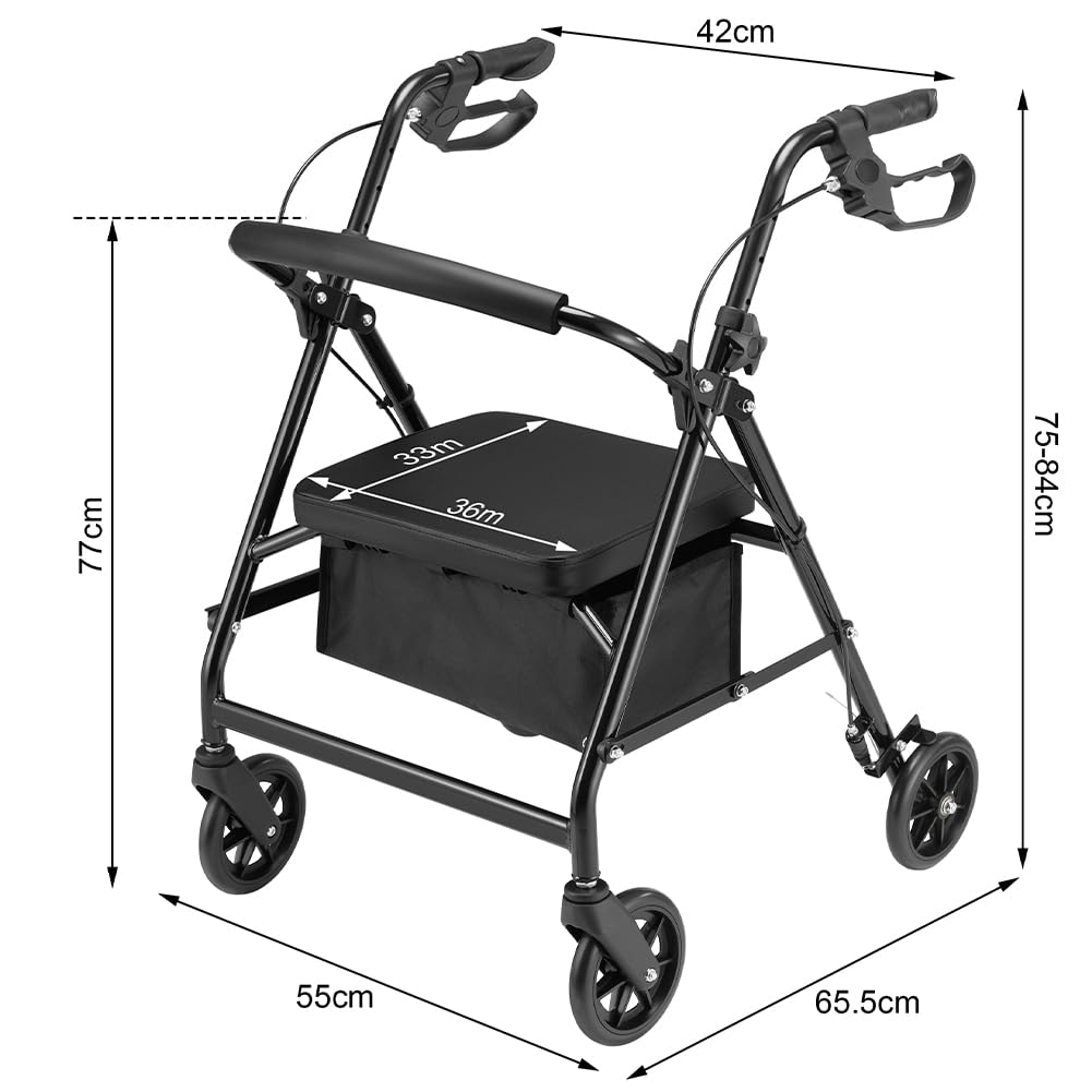 BAKAJI Andador plegable para ahorrar espacio con asiento para personas mayores, discapacitados y personas con movilidad reducida, andador con asas ergonómicas, asistencia con frenos y altura ajustable