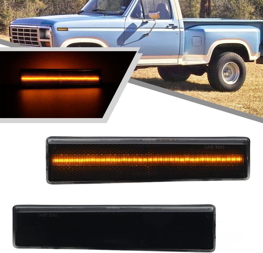 2Pcs Amber LED Side Marker Light Assembly for Ford Bronco F150 F250 F350 1980-1986 Front Bumper Indicator Turn Signal Light Replace OEM Sidemarker Lamp Smoked Lens