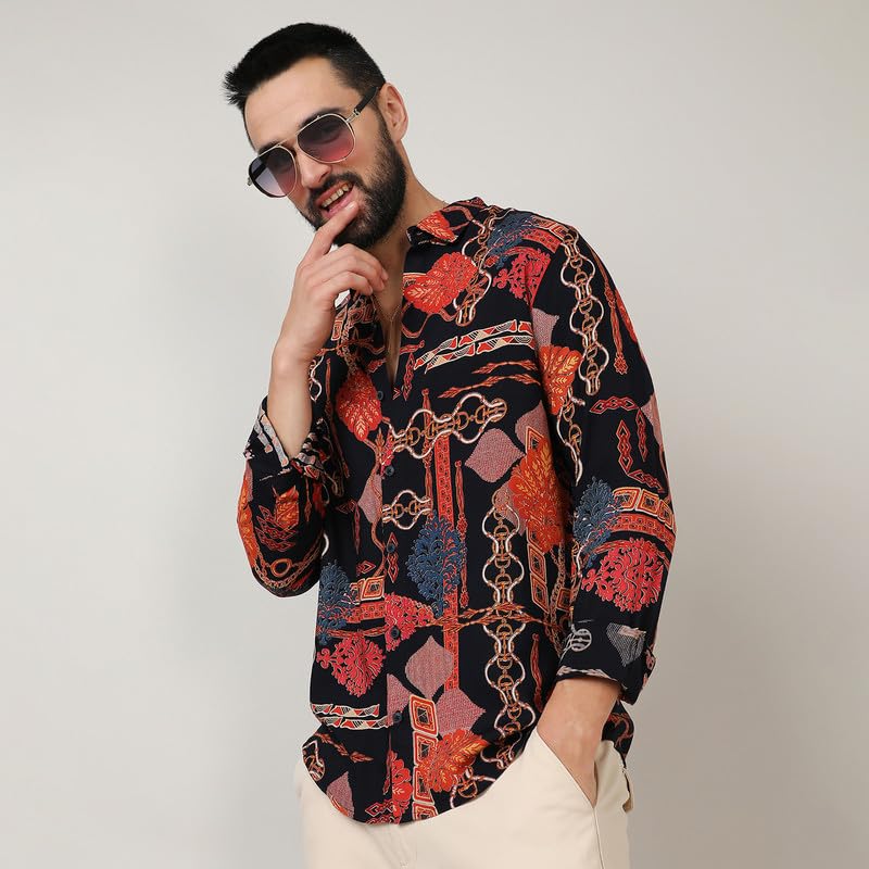 Image of CAHOOT Men's Self-Design Striped Shirt for Casual Wear | Spread Collar | Long Sleeve | Button Closure | Shirt Crafted with Comfort Fit for Everyday Wear