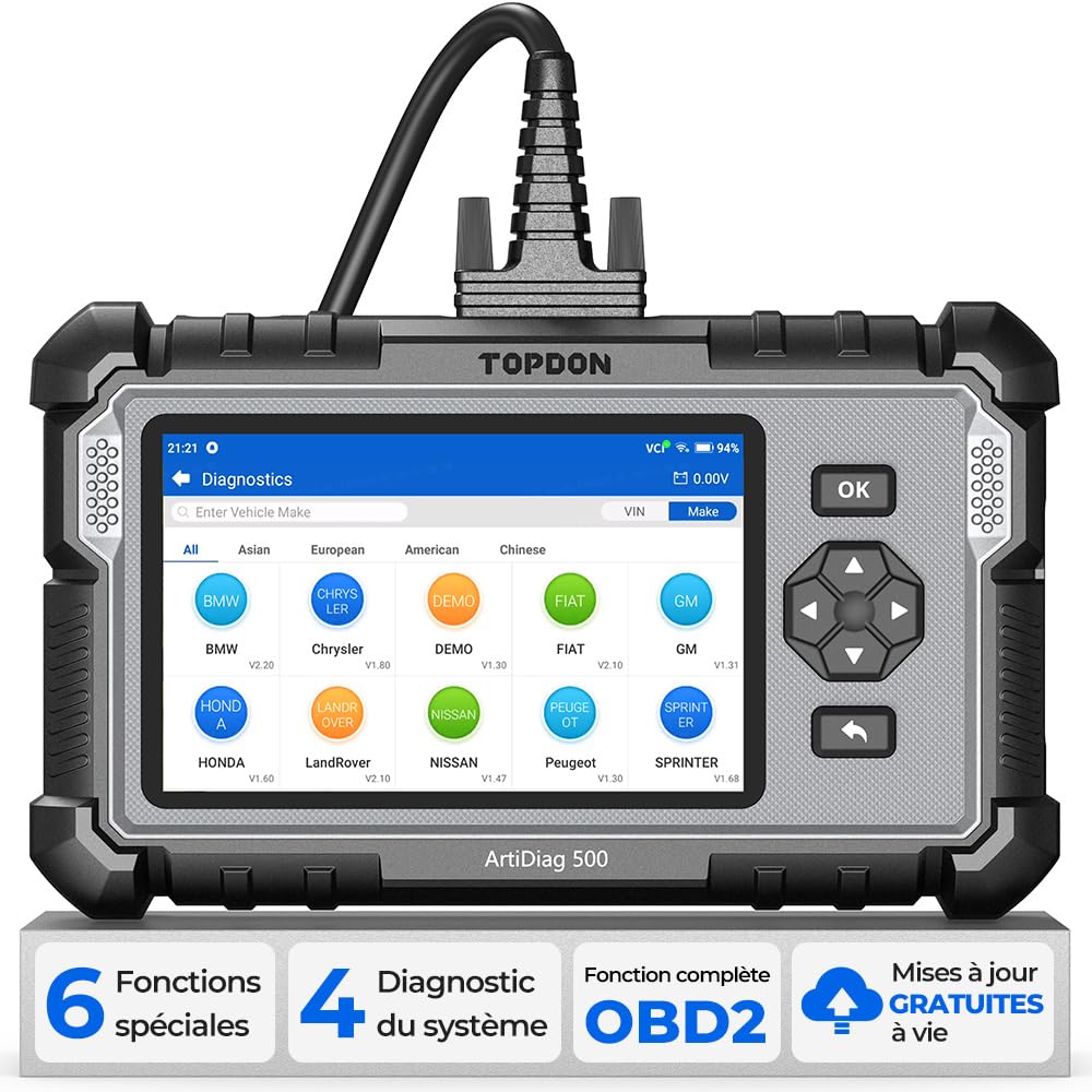TOPDON AD500O Français OBD2 Scanner, Valise Diagnostic Auto pour 4 Systèmes