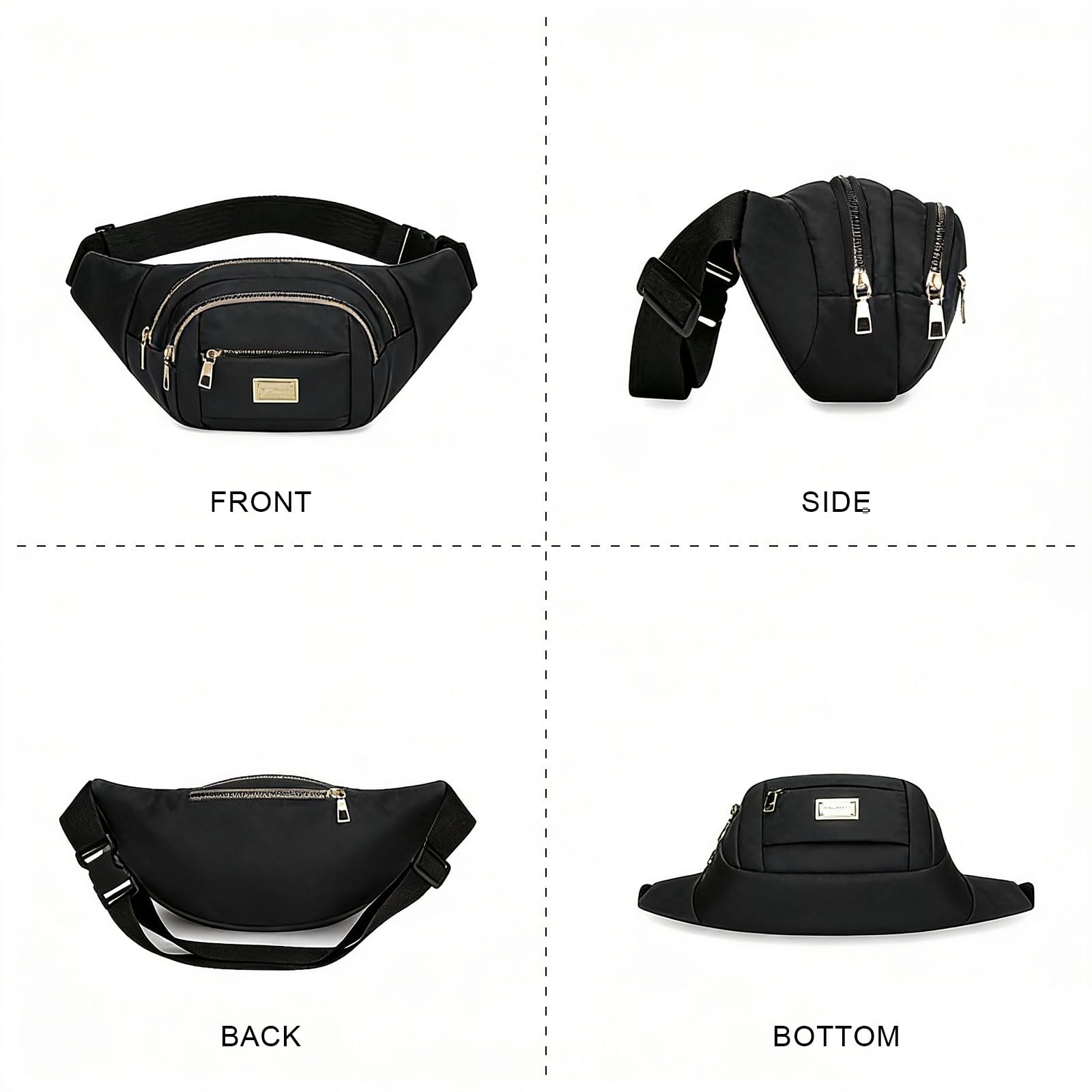ADUDVLO Bumbags for Ladies Women Men Lightweight Adjustable Bum Bag Fanny Pack with 4 Zipper Pockets,Fashionable Waist Pack for Travel, Running, Hiking, Cycling (Black) — view 6