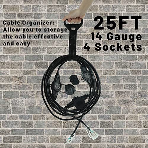 25Ft 14 Gauge Multi-Outlet Outdoor Heavy Duty Power Extension Cord, 4 Outlets Evenly Spaced Every 6Ft Fit For Landscaping Light, Stage Backline, Holiday Decoration And Christmas Lighting, Ul Listed #TOP2