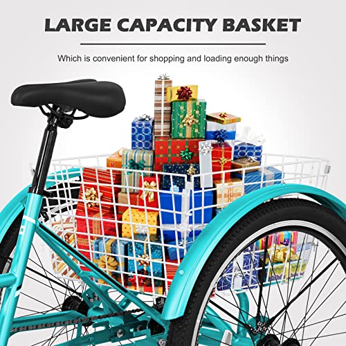 Slsy Adult Mountain Tricycle, 7 Speed Three Wheel Bike, 24/26 Inch Adults Trikes for Seniors with Shopping Basket, Exercise Men's Women's Tricycles (Medium Spring Green, 24'' Tire 7-Speed)