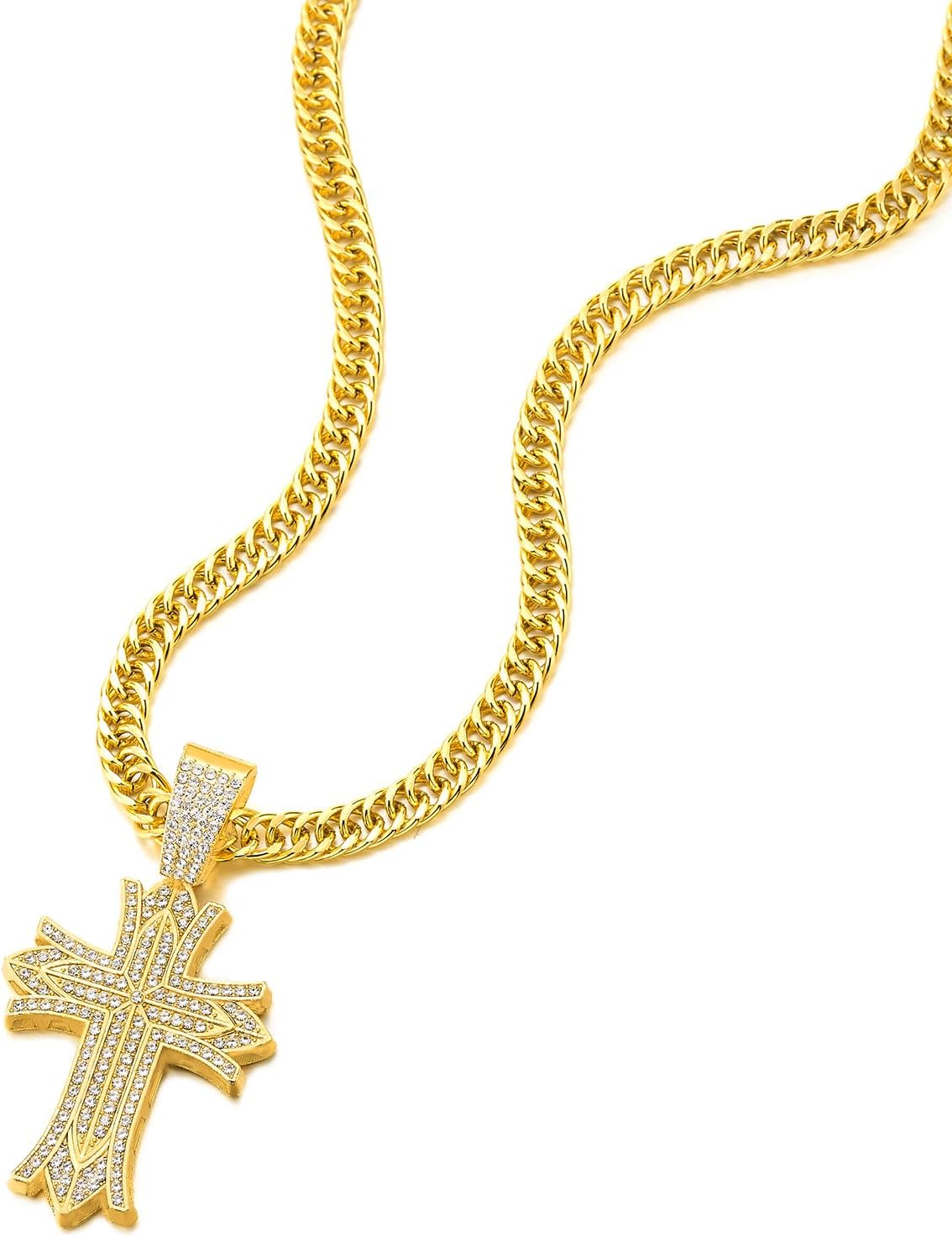 COOLSTEELANDBEYOND Hip Hop Punk Necklace, Large Gold Color Cross Pendant Necklace with Rhinestones, for Men Women - Image 2