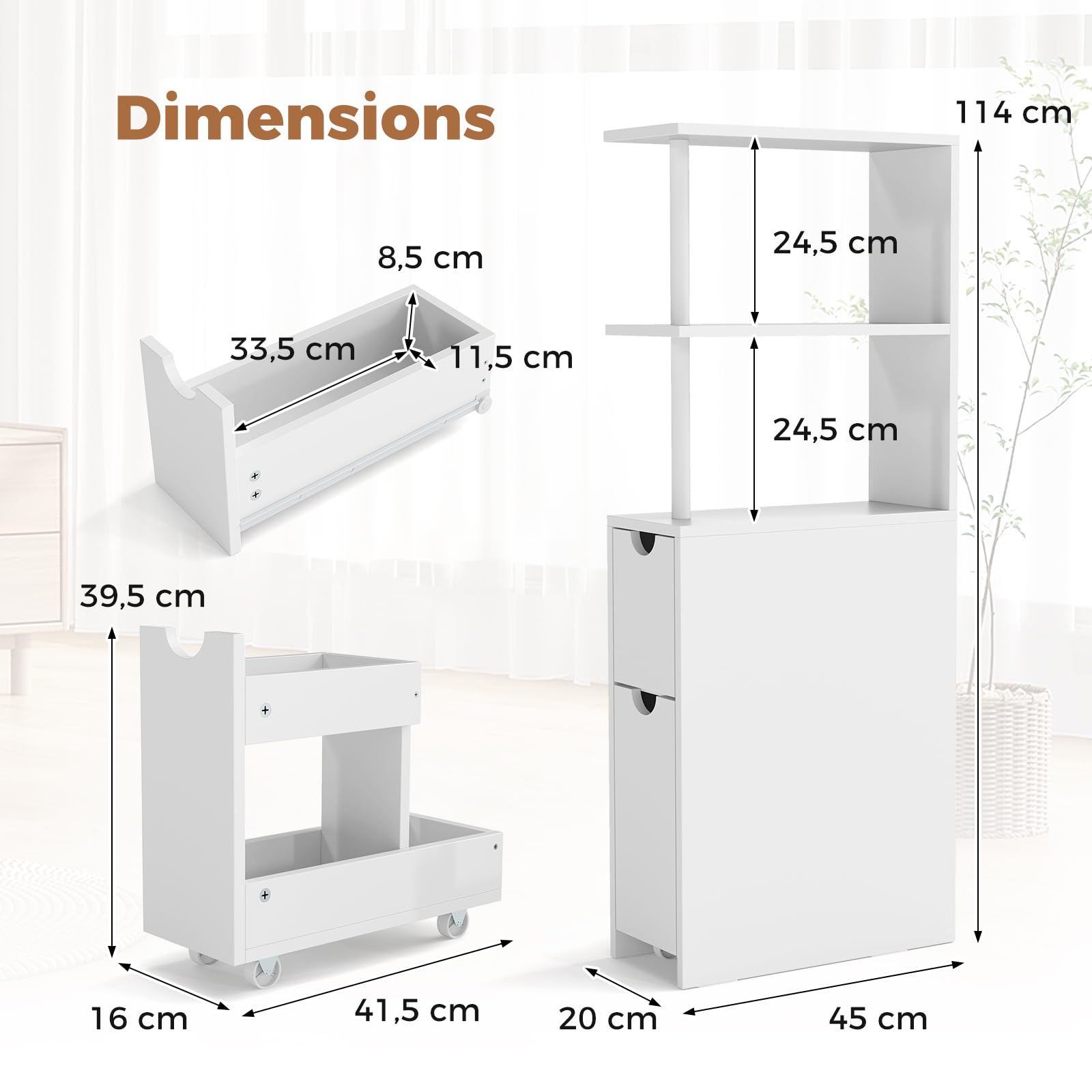 LIFEZEAL Meuble de Salle de Bain Étroit, Armoire de Rangement Haute avec Étagères Ouvertes et Tiroir sur roulettes, Meuble Colonne Autoportant pour Salon et Cuisine, Blanc, 45 × 20 × 114 CM