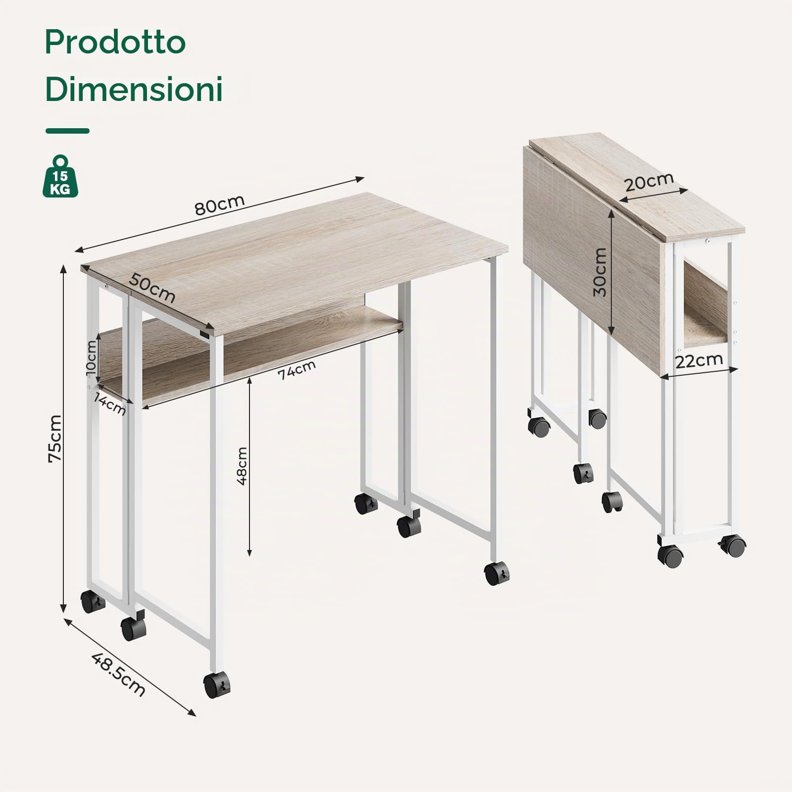 Dripex Piccola Scrivania pieghevole con Scaffale e rotelle 80 x 50 cm Acrivania Salvaspazio Tavolo per studio casa ufficio (Rovere)