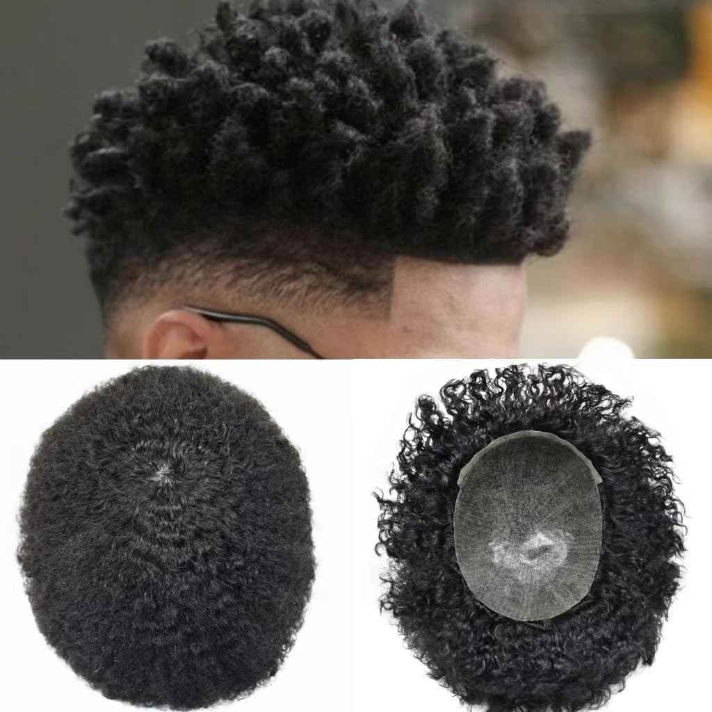 Afro Toupee for Black Men African American Men Wigs 8"×10" Hair Replacement Systems Full PU Afro 12mm Mens Weave Hair Unit 8"x10"1B#Off Black