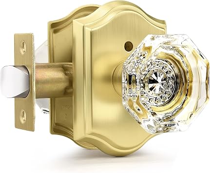 Gobrico Transparent Glass Door Knobset Interior,Privacy Diamond Crystal Door Lockset in Satin Brass/Gold,Keyless for Interior Bath/Bed,Push Pin Button Inside Lock, 1 Pack