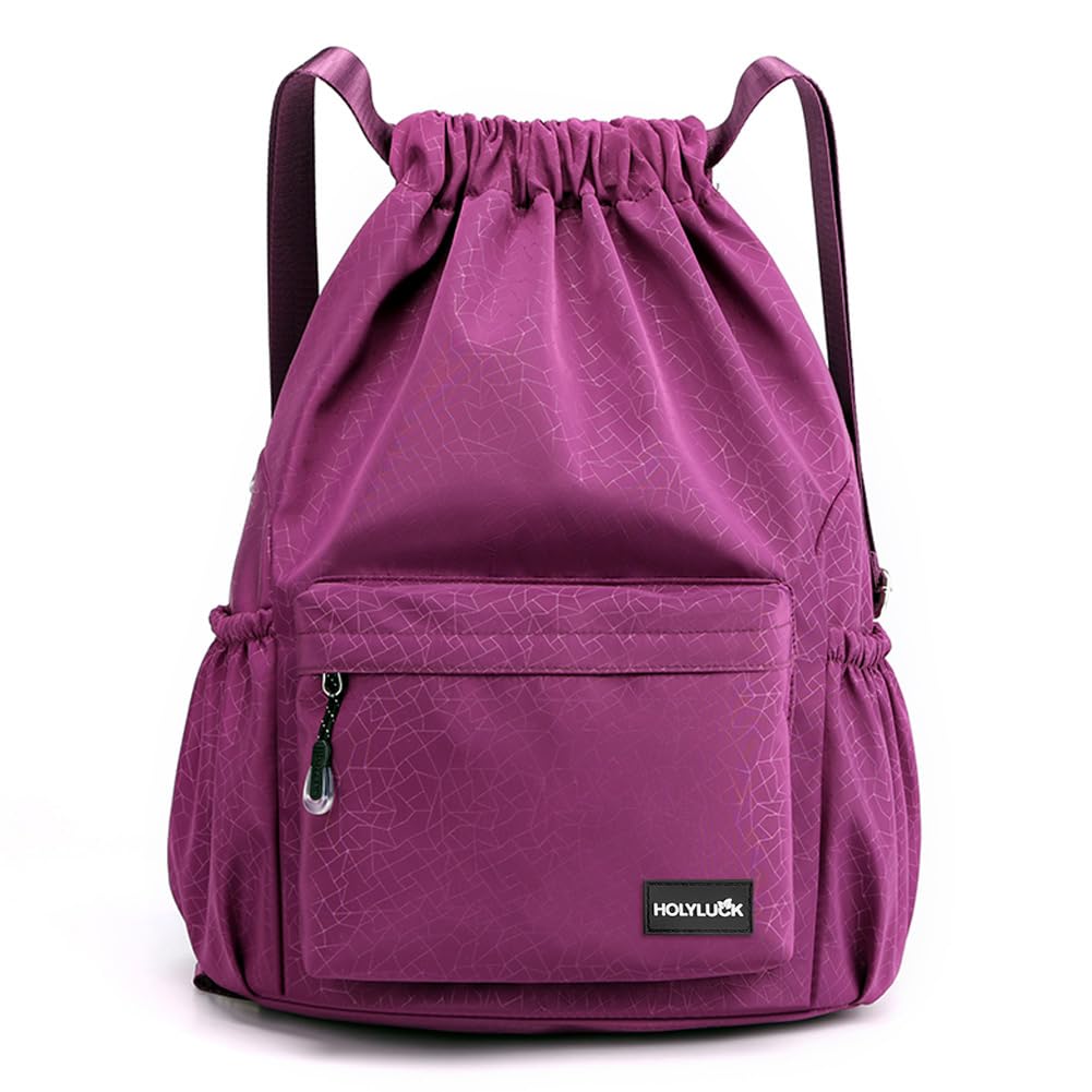 HOLYLUCK Drawstring Backpack Sports Gym Bag Water Resistant String Bag Cinch Sackpack with Side Zipper Pocket for Shopping Sport Yoga-purple