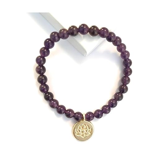 Stretch Bead Bracelet Amethyst 18k Gold Plated Brass Lotus Flower Charm Stretch One Size Adult Gift Boxed
