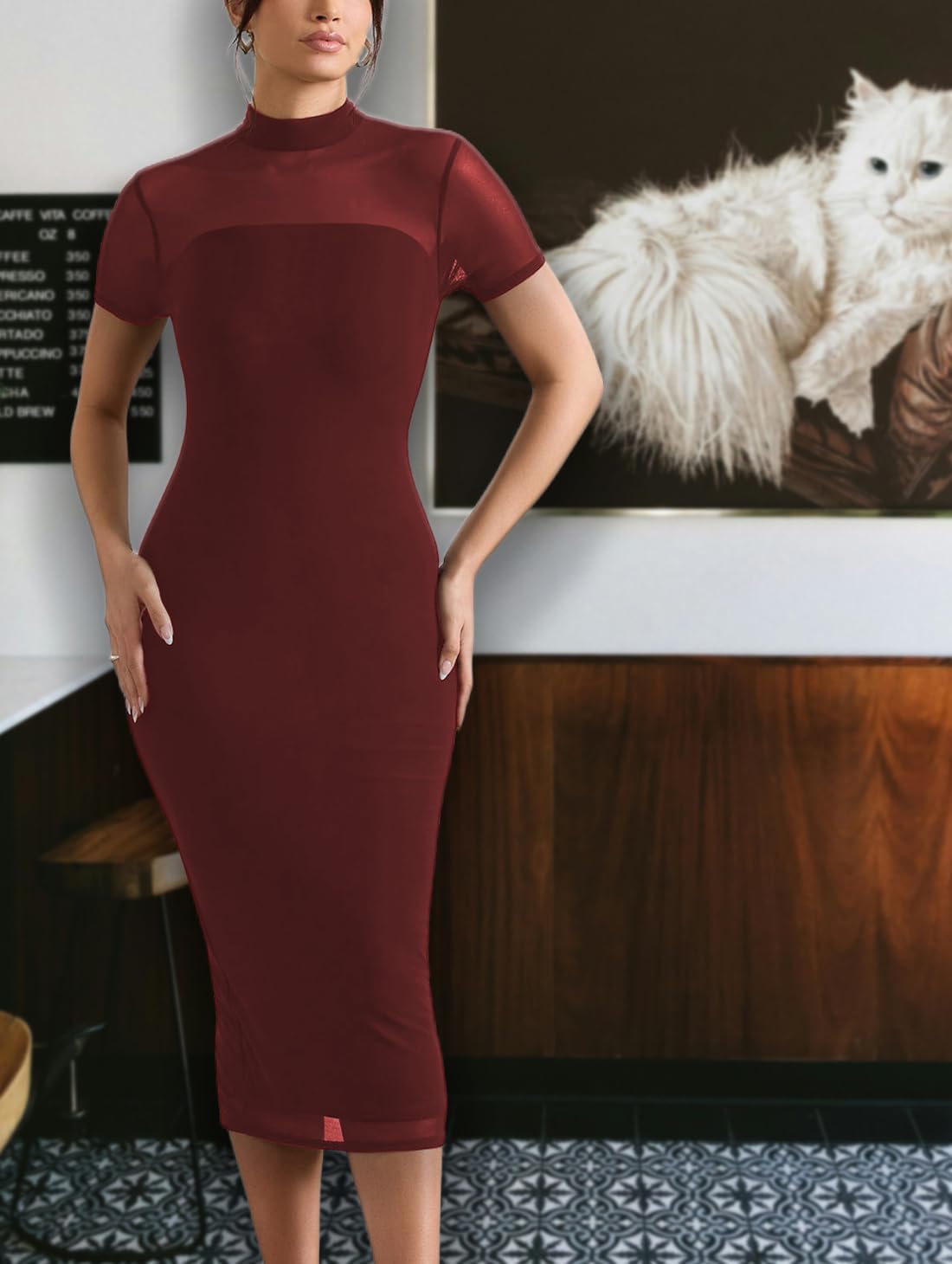 Women's Casual Mesh Short Sleeve Bodycon Mock Neck Keyhole Back Slim Club Party Midi Dresses - Image 5