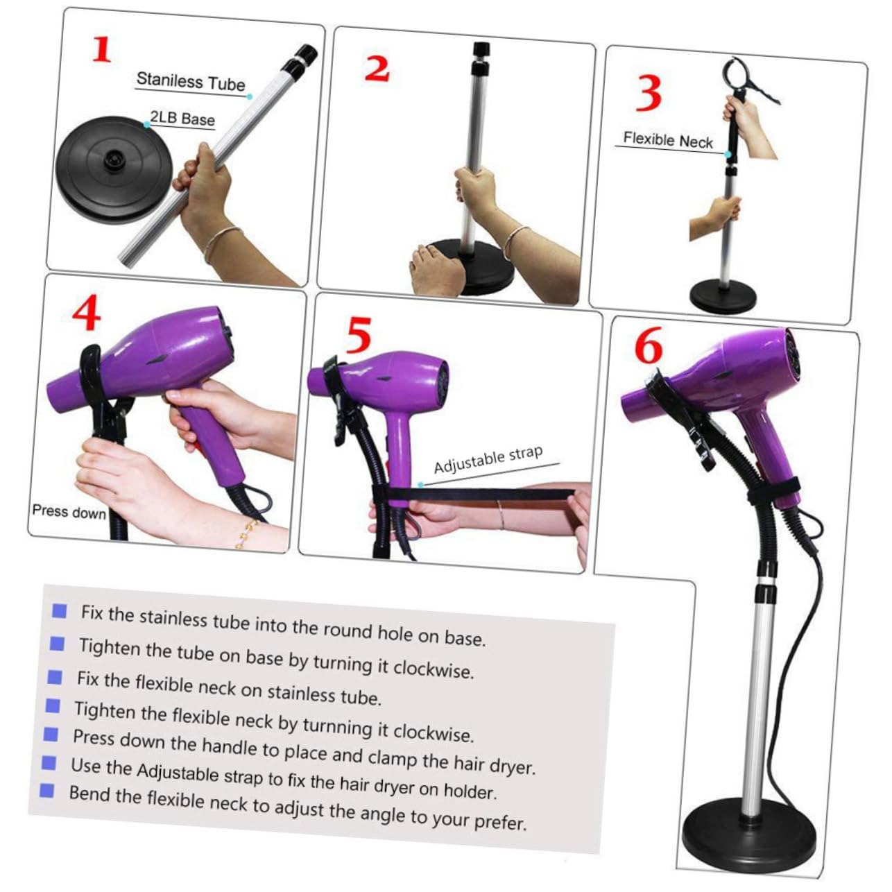 Baluue Soporte para Secador de Pelo de Mesa Negro con Rotación 360° | Aleación y Goma, Ventosa de Fijación, Instalación Sencilla, Uso Manos Libres para Peinado y Secado