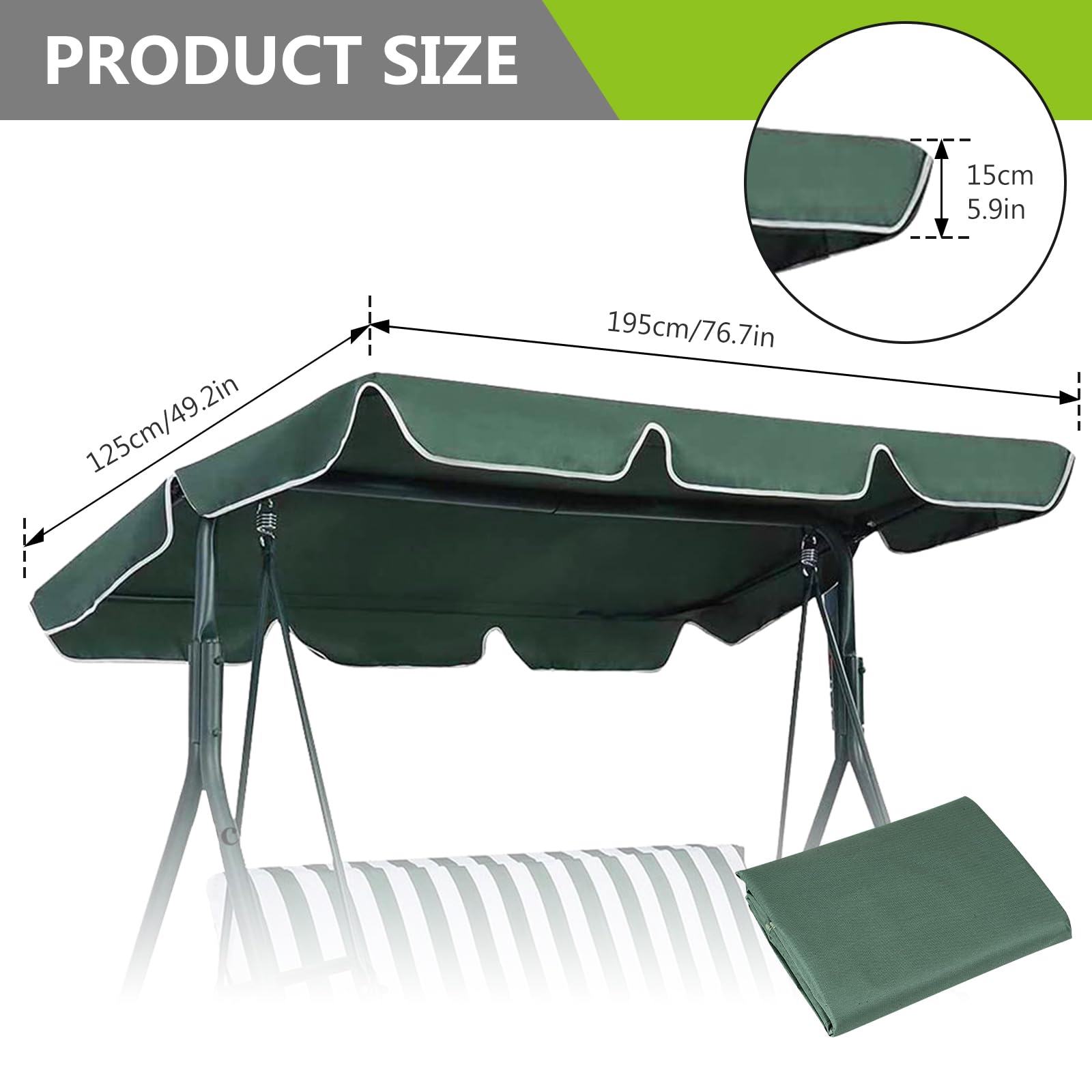 Auvent Universel pour Balancelle Hollywoodienne, Toit De Rechange Universel, Pare-Soleil Universel, Housse De Toit De Rechange Toit De Balancelle Universal 195 * 125 * 15cm(Vert)