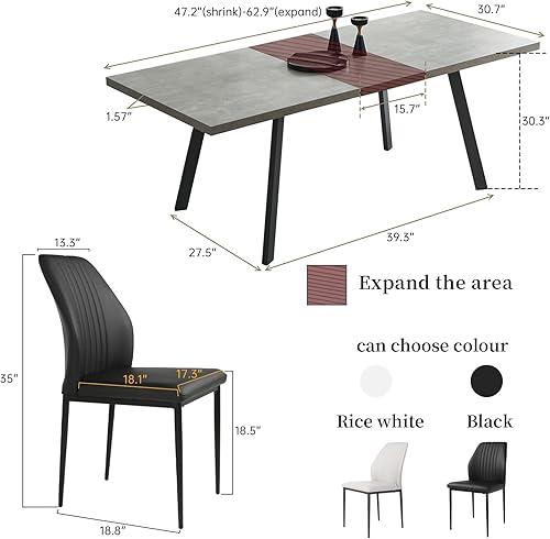 Miniatura 5 de Juego de mesa de comedor extensible de 47.2 a 62.9 pulgadas para 4, mesa de cocina moderna con sillas de comedor para 4-6 personas, mesa de madera