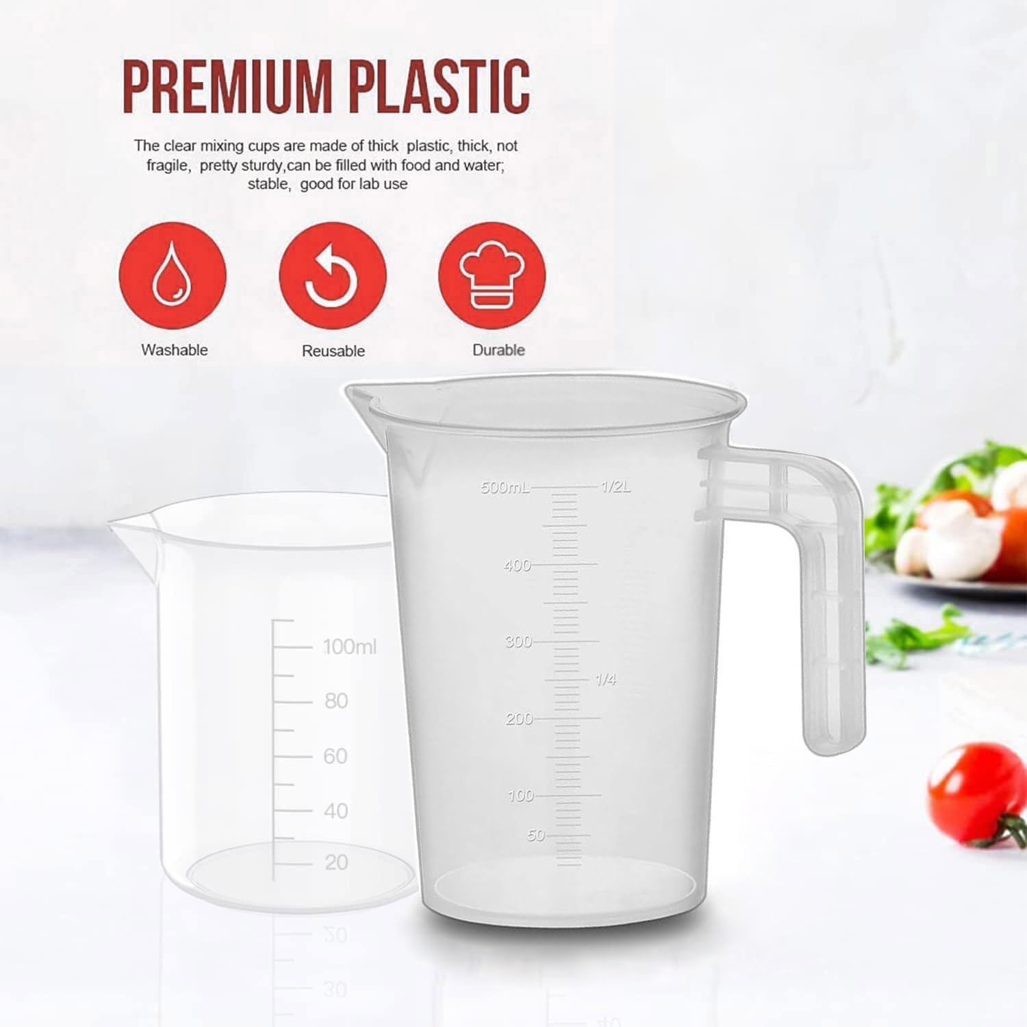 4 Pack Measuring Cups Set 100 ml 250 ml 500 ml 1000 ml Plastic Measuring Cup with Handle for Detergent, Kitchen, Laboratory, Car Care Fine Scale Food Safe Transparent