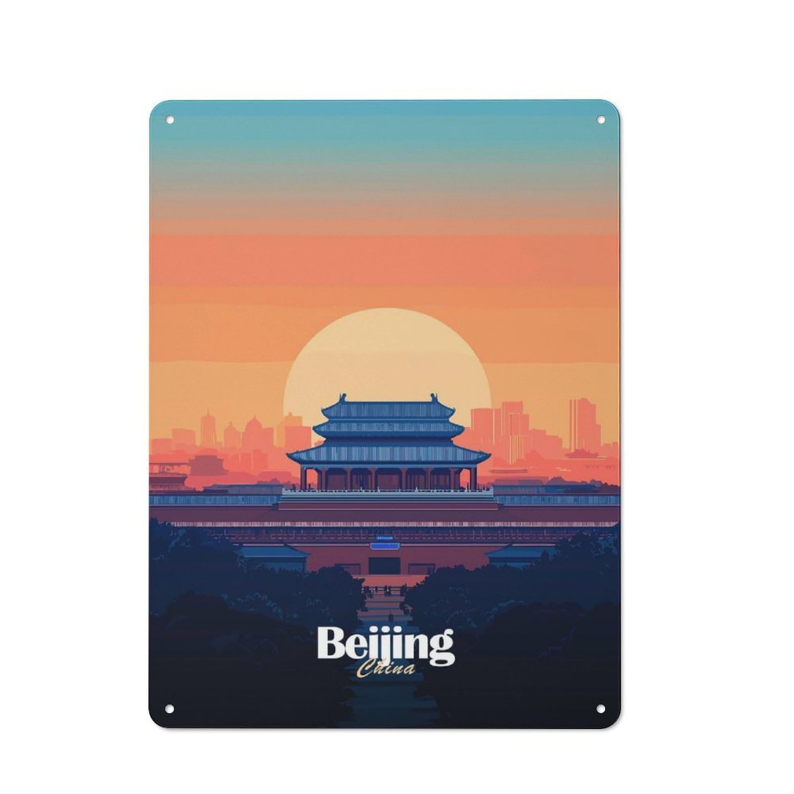 Beijing Skyline Sunset Tin Wall Plaque 40x30cm, Barn Style Rustic Kitchen Decor for Farmhouse Kitchen, Pantry Or Dining Area