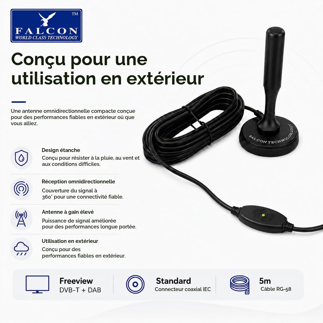 Falcon - Antenne DTV portable amplifiée avec support magnétique pour caravane et camping-car (amplifiée)