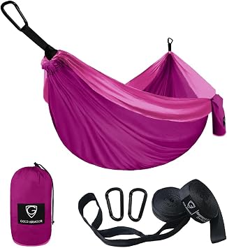 Gold Armour Camping Hammock - USA Brand Single Parachute Hammock 2 Tree Straps 10 Loops/20 ft Included Lightweight Nylon Portable Adult Kids Fuchsia/Pink
