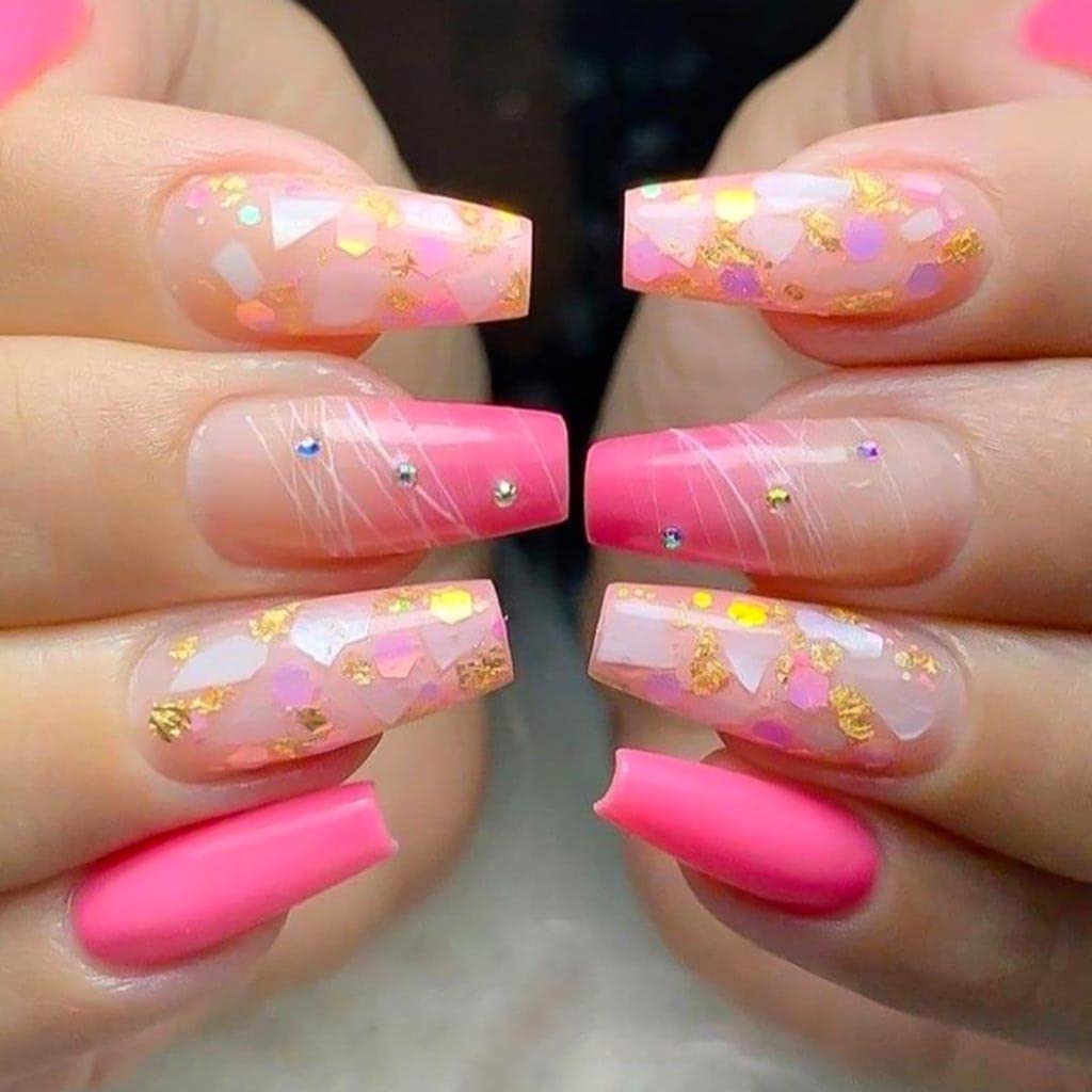 RikView Sequins Press on Nails Long Fake Nails Pink Nails Coffin Acrylic Nails Luxury Press on Nails