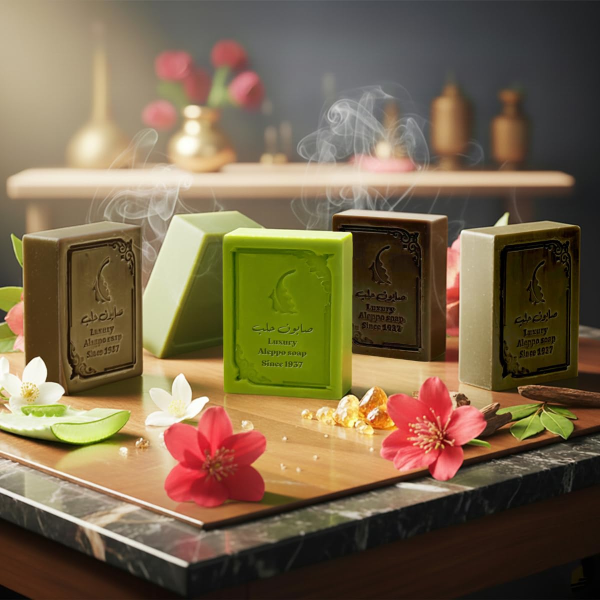 GREEN FADEL Sapone di Aleppo Luxury con Aroma di Gelsomino, 1 pezzo, con Olio d'Oliva e Olio di Alloro, Sapone all'Olio d'Oliva, Naturale