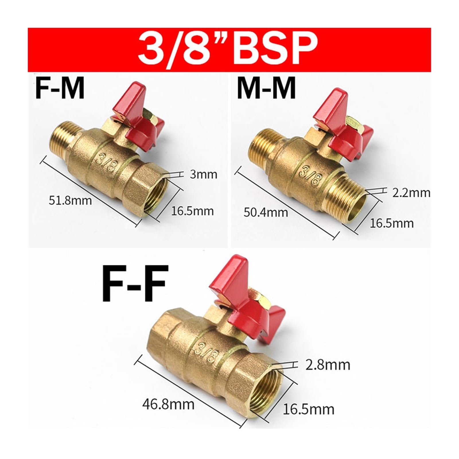 Kugelventil, Messing Kugelhahn Luftkompressor Wasser Gas Öl Absperrventil 1/8" 1/4" 3/8" 1/2" BSP Gewinde Mini Stecker Auf Buchse(1/2",RED_M TO F)