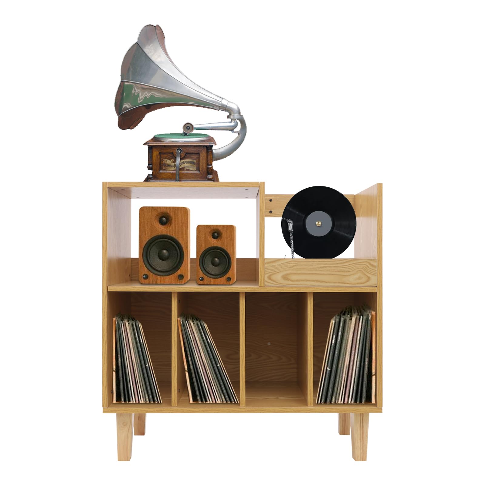 Supporto per giradischi, scaffale vintage in legno, scaffale per dischi in vinile, con 6 scomparti, portata 45 kg, mobile musicale per soggiorno, sala musica, effetto legno