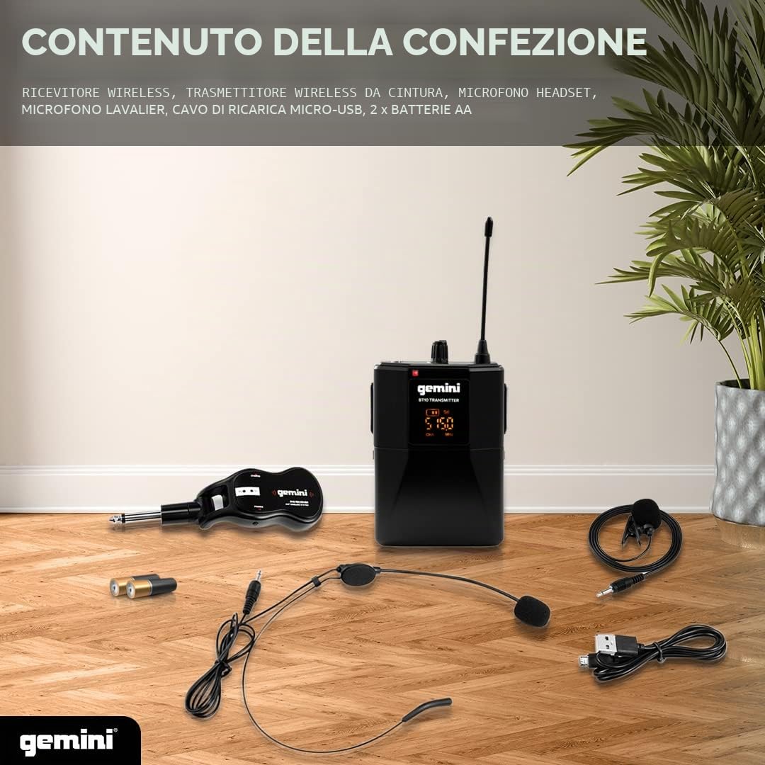 Gemini Sound Pro Audio GMU-HSL100 Plug and Sing Karaoke DJ Bluetooth Wireless UHF Band Cuffie e Microfono Lavalier con Jack Cordless da 1/4"
